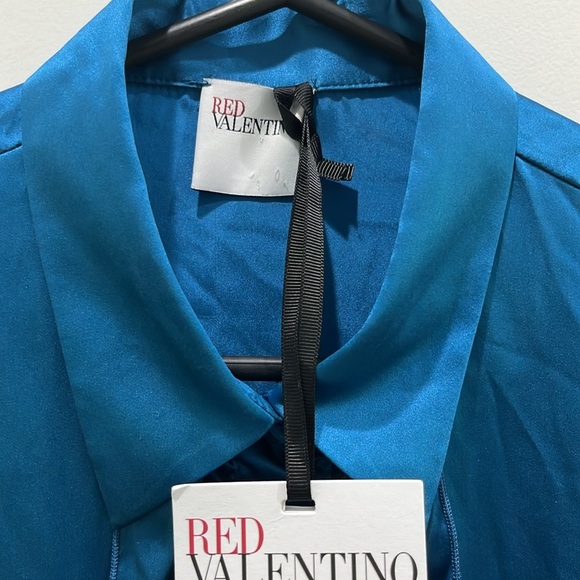 NWT Red Valentino Silk Ruffle Button Down Jewel Toned Turquoise Blouse US 12 - Picture 4 of 6